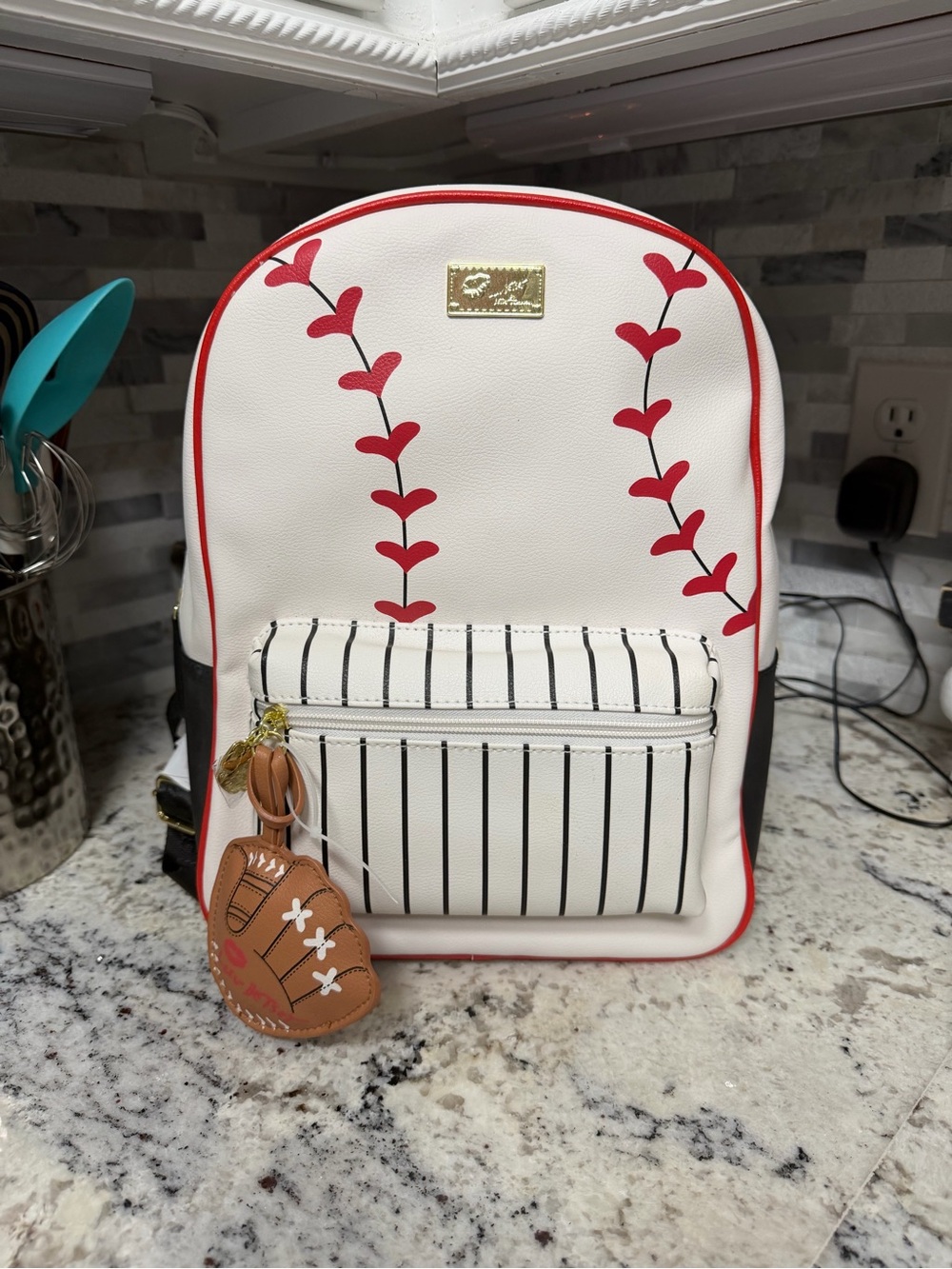 Kids White & Red Baseball Stitch Mini Backpack by Unknown Brand